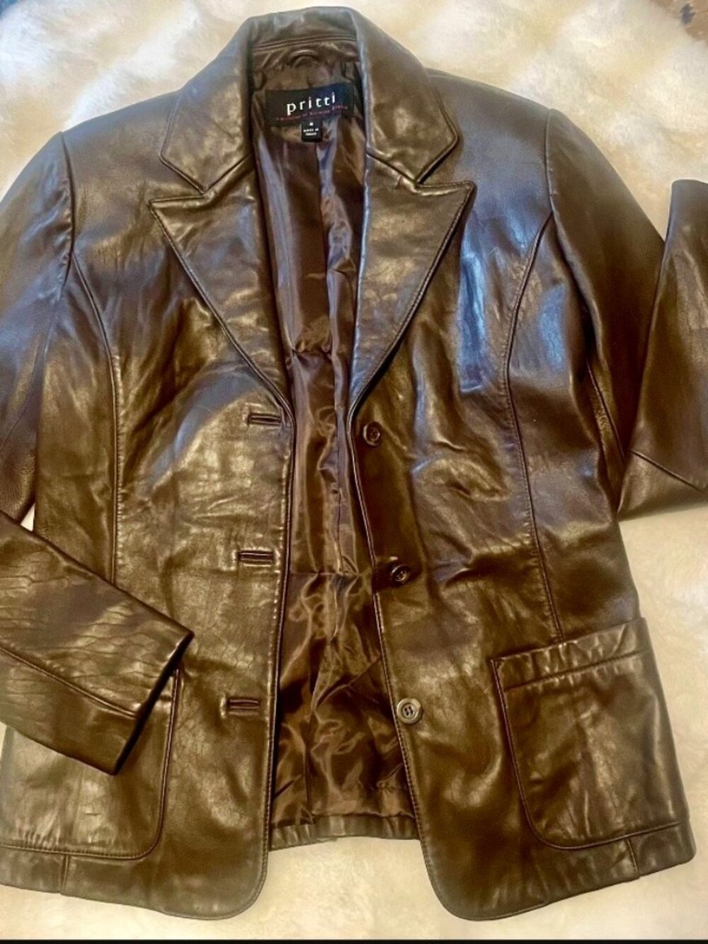 Brown Faux Leather Button‑Front Jacket — Size S — Classic Everyday Style